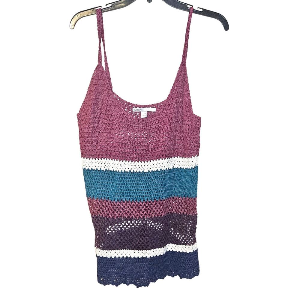Old Navy Size Extra Large XL Stripe Crochet Knit Tank Top Purple Blue White